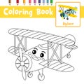 Coloring page Biplane cartoon character perspective view vector illustration