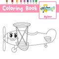 Coloring page Biplane cartoon character side view vector illustration