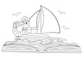 Coloring page with cute bookworm sailing in boat exploring ocean