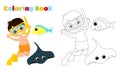 Coloring page. Cute boy diver in shorts, fins and snorkeling mask and tropical fish and stingray. Royalty Free Stock Photo