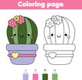 Coloring page with cute cactus. Drawing kids game. Printable activity