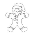 Coloring page of a cute cartoon gingerbread in a Christmas hat. Vector black and white illustration isolated on white background