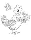 Coloring page with cute cartoon hen holding a flower on a white background