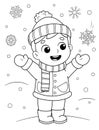 Coloring page of a cute cartoon kid in winter clothes enjoying the snow. Coloring book for kids Royalty Free Stock Photo