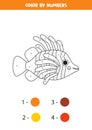 Color cute cartoon lionfish by numbers. Worksheet for kids