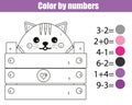 Coloring page with cute cat character. Color by numbers educational children game, drawing kids activity. Math game Royalty Free Stock Photo