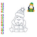 Coloring page with cute christmas penguin with with ice-cream and fireworks Royalty Free Stock Photo