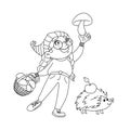 Coloring page cute girl picking mushrooms. Character holding big mushroom in arm. Hedgehog with an apple on back. Cozy autumn