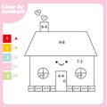 Coloring page with cute house. Color by numbers picture for toddlers and kids. Educational children game