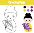 Coloring page with cute japanese kokeshi doll. Children educational game, drawing activity