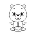 Coloring page cute little bear with birthday cake. Coloring book for kids. Educational activity for preschool years kids