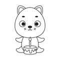 Coloring page cute little cat with birthday cake. Coloring book for kids. Educational activity for preschool years kids