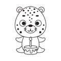 Coloring page cute little cheetah with birthday cake. Coloring book for kids. Educational activity for preschool years