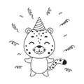 Coloring page cute little cheetah in birthday hat. Coloring book for kids. Educational activity for preschool years kids