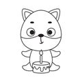 Coloring page cute little fox with birthday cake. Coloring book for kids. Educational activity for preschool years kids