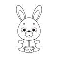 Coloring page cute little hare with birthday cake. Coloring book for kids. Educational activity for preschool years kids