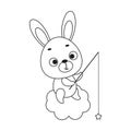 Coloring page cute little hare fishing star on cloud. Coloring book for kids. Educational activity for preschool years