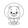 Coloring page cute little lion with birthday cake. Coloring book for kids. Edulionional activity for preschool years