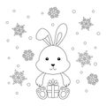 Coloring page with cute little rabbit, gift box and falling snowflakes