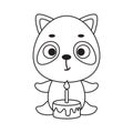 Coloring page cute little raccoon with birthday cake. Coloring book for kids. Educational activity for preschool years