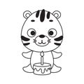 Coloring page cute little tiger with birthday cake. Coloring book for kids. Educational activity for preschool years