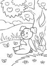 Coloring pages. Cute little piggy is sitting near the tree and smiling.