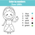 Coloring page with cute Snow White fairy tale princess character. Color by numbers educational children game, drawing kids activit