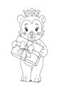 Coloring page with cute teddy bear holding a present box Royalty Free Stock Photo