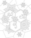 Coloring page with Christmas and New Year decor of hexagons, snowflakes and swirls