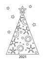 Coloring Page, Decorated Christmas tree . Stylized space Stars, planets, and galaxies. Hand drawn Vector illustration on a white Royalty Free Stock Photo