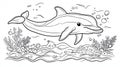 Smiling Dolphin Outline Swimming Underwater with Coral and Bubbles Royalty Free Stock Photo