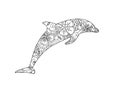 Coloring page with dolphin on white background.