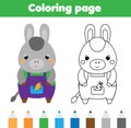 Coloring page with donkey. Drawing kids activity. Printable toddlers fun