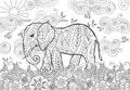 Coloring page with doodle style elephant on the meadow in zentangle inspired style. Royalty Free Stock Photo