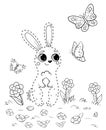 Coloring page dot to dot outline for tracing of cute cartoon hare watching butterflies. Vector image with forest background.