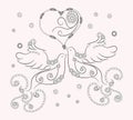 Coloring page with doves, hearts, spirals, decorative elements and flowers