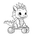 COLORING PAGE dragon on skateboard kid. Dragon cute funny character linear illustration childrens for coloring