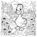 COLORING PAGE duck. Duckling cute funny character linear illustration childrens for coloring.Bird farm