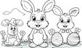 Coloring page of Easter bannies, black white illustration on white background