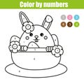 Coloring page with Easter bunny character. Color by numbers educational children game, drawing kids activity. rabbit in busket