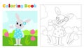 Coloring page. Easter bunny girl in a blue polka-dot dress. The animal is on a green meadow. Festive illustration. Royalty Free Stock Photo