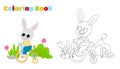 Coloring page. Easter spring illustration of a cute bunny on a bicycle. Easter bunny in cartoon style. Royalty Free Stock Photo