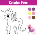 Coloring page. Educational children game. Unicorn, fairy pony. Drawing kids printable activity.