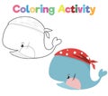 Coloring book activity for children whale in pirate style. Educational printable coloring worksheet. Coloring activity for childre