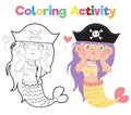 Coloring book for children of a cute mermaid wearing pirateâs hat. Coloring activity for children. Royalty Free Stock Photo