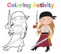 Coloring book for children of a beautiful pirate lady holding a gun and sword. Coloring activity for children.