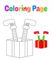 Coloring page with Elf feet with gift box for kids Royalty Free Stock Photo