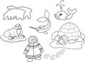 Coloring page. Eskimo in national clothes, igloo and cartoon animals of polar fauna Royalty Free Stock Photo