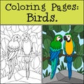 Coloring page with example. A pair of cute parrots yellow macaw sits and smiles