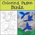 Coloring page with example. Three cute parrots blue macaw fly and smile